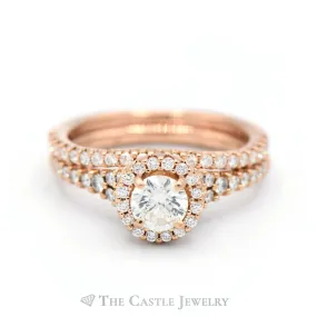 1cttw Round Diamond Bridal Ring with Diamond Halo & Matching Diamond band in 18k Rose Gold
