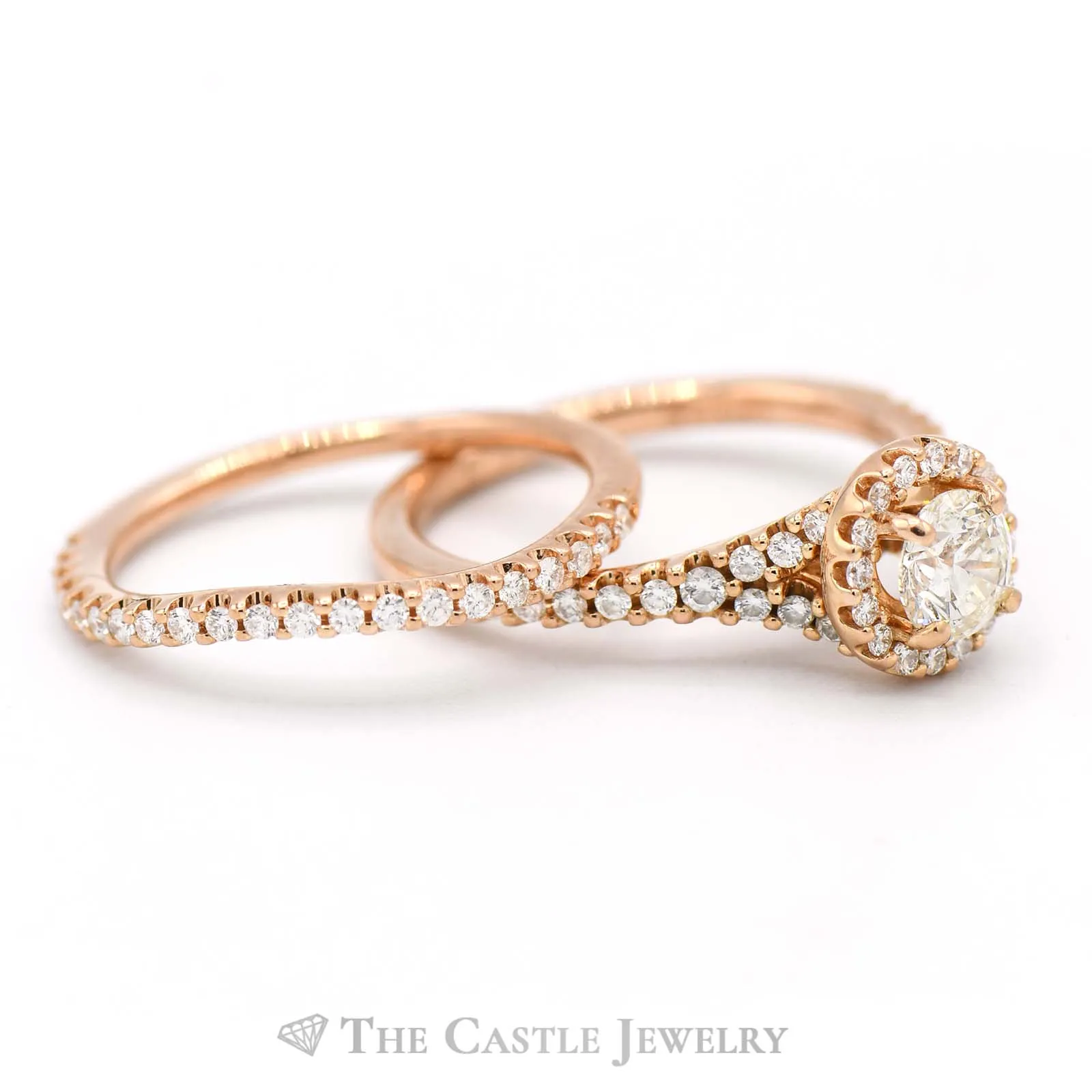 1cttw Round Diamond Bridal Ring with Diamond Halo & Matching Diamond band in 18k Rose Gold