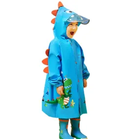 3d Applique Dino Cactus Theme, Knee Length Raincoat for Kids, Bright Blue