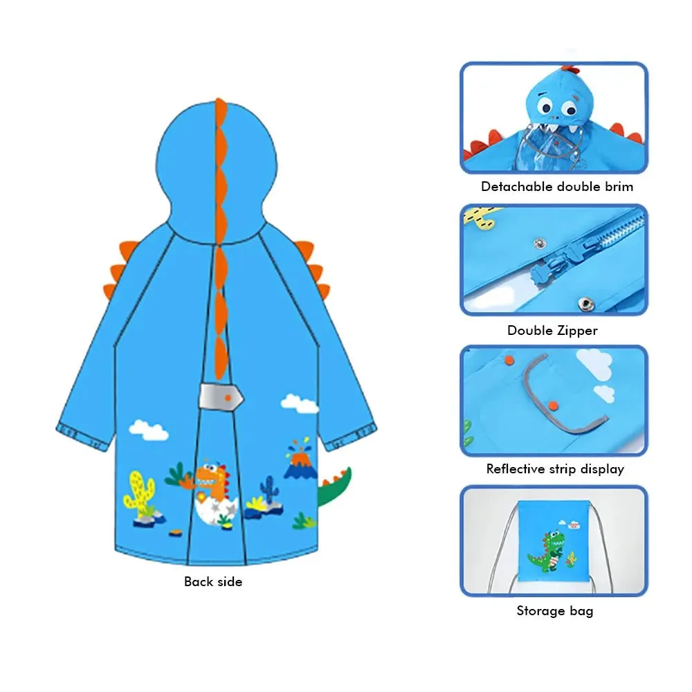 3d Applique Dino Cactus Theme, Knee Length Raincoat for Kids, Bright Blue