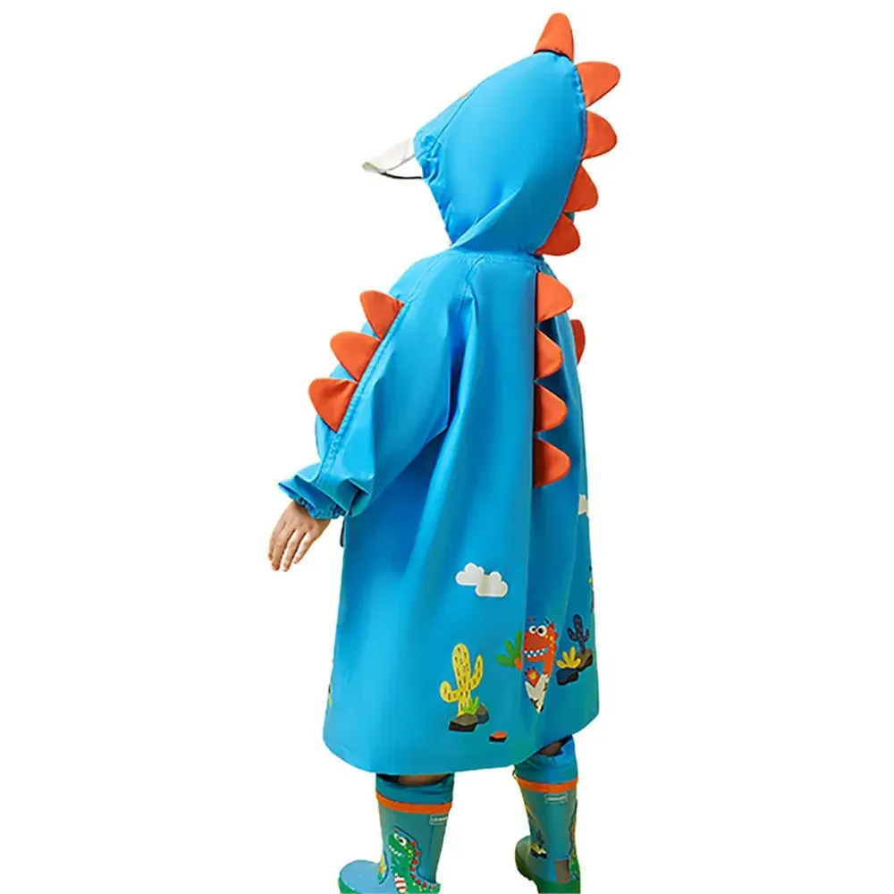 3d Applique Dino Cactus Theme, Knee Length Raincoat for Kids, Bright Blue