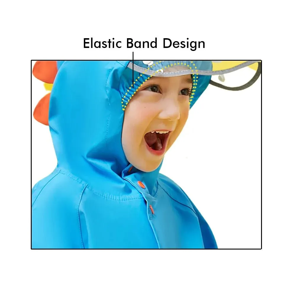 3d Applique Dino Cactus Theme, Knee Length Raincoat for Kids, Bright Blue