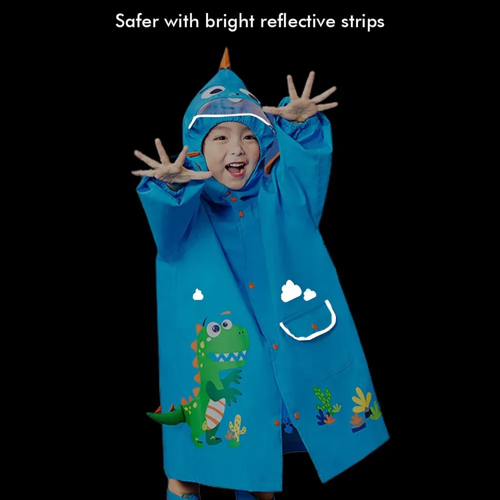 3d Applique Dino Cactus Theme, Knee Length Raincoat for Kids, Bright Blue