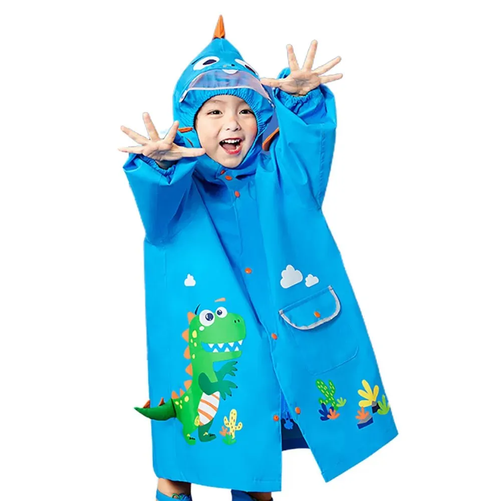 3d Applique Dino Cactus Theme, Knee Length Raincoat for Kids, Bright Blue