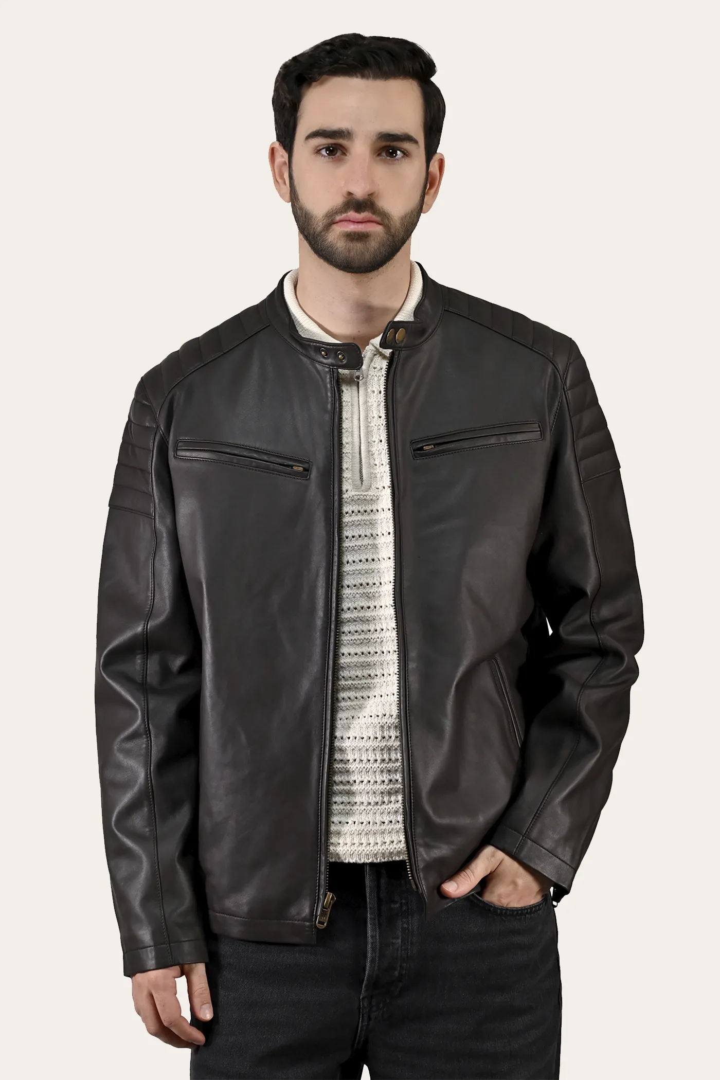 Authentic Nappa Lamb Cafe Racer Leather Jacket