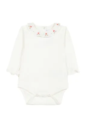 Bodysuit - Ecru with ruffled collar and floral embroidery
