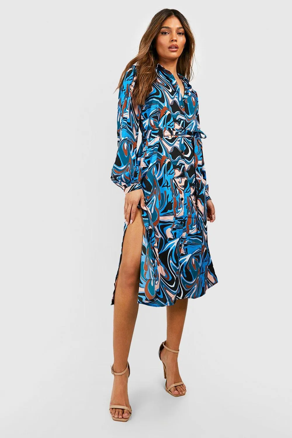 Boohoo Print Midi Shirt Dress, Turquoise