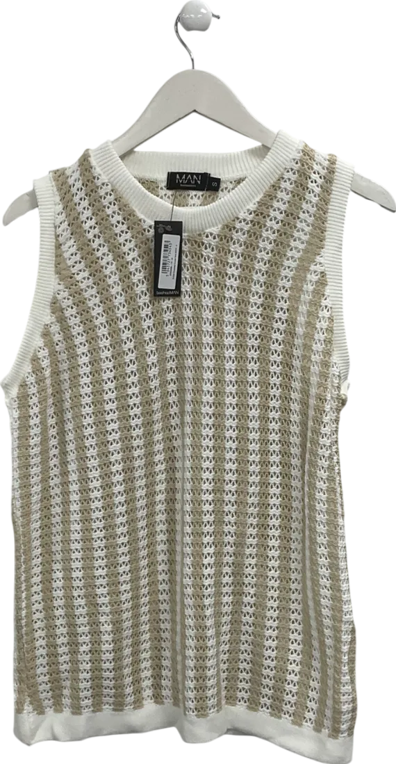 boohooMan Beige Striped Oversized Crochet Vest UK S