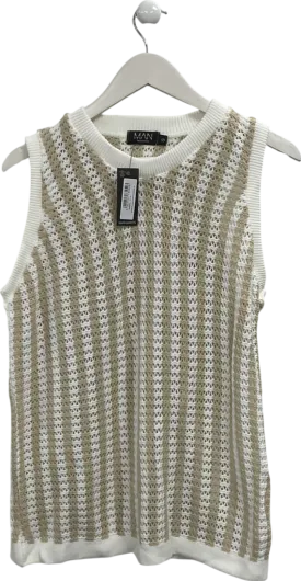 boohooMan Beige Striped Oversized Crochet Vest UK S