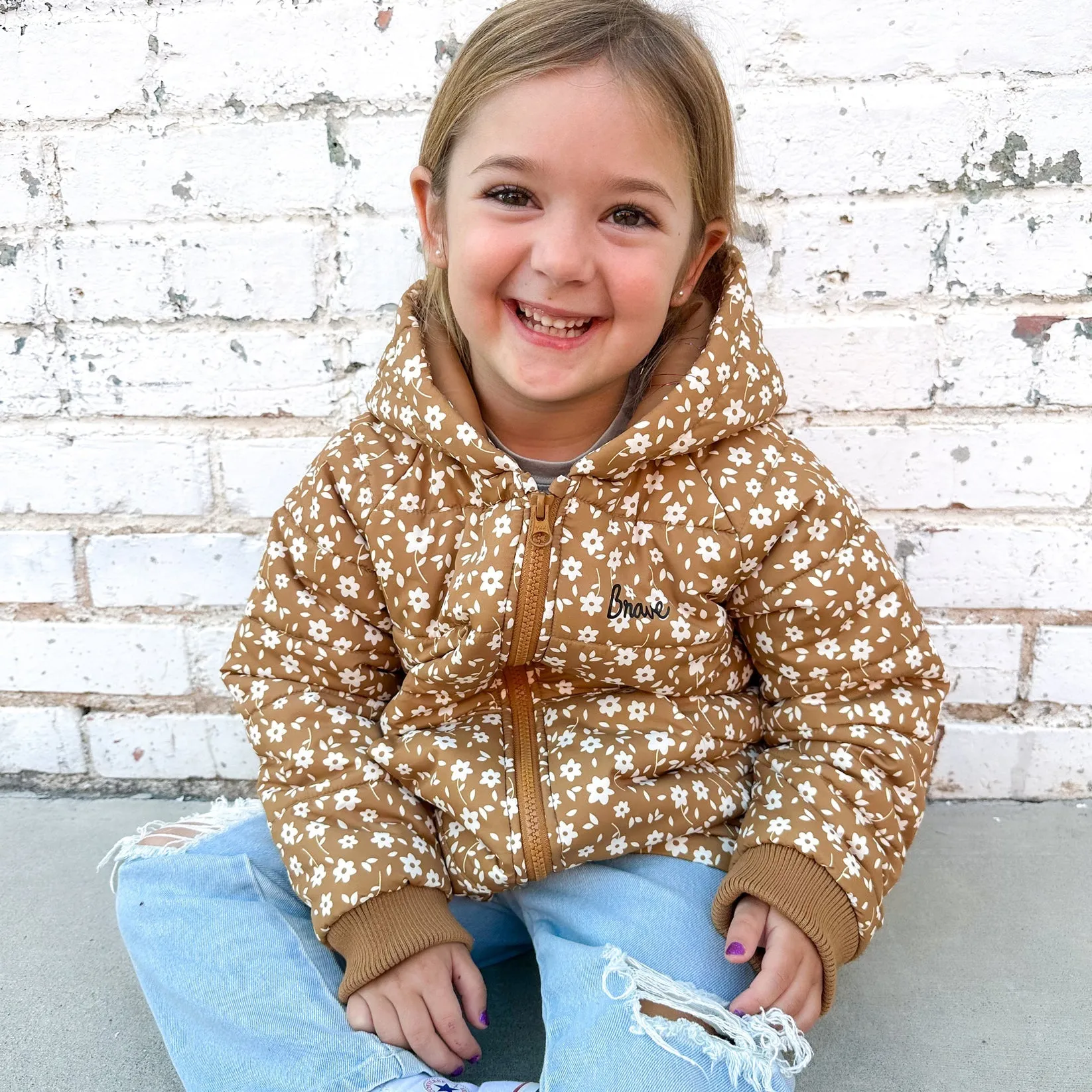 Brave Little Ones-Camel Floral Puffer Jacket