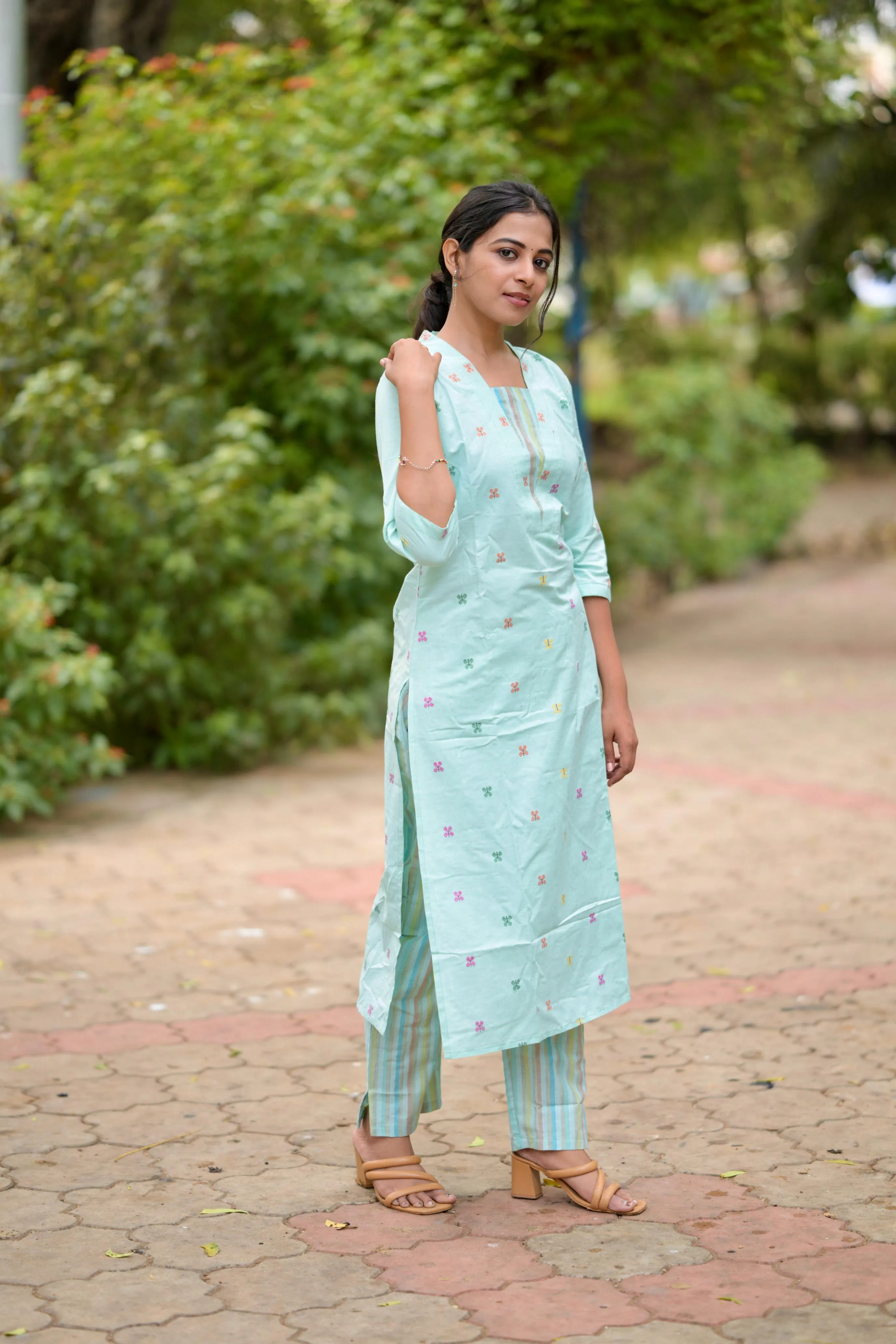 Budget Buys #16 -  Cotton blend butterfly handwoven kurta set in sea green