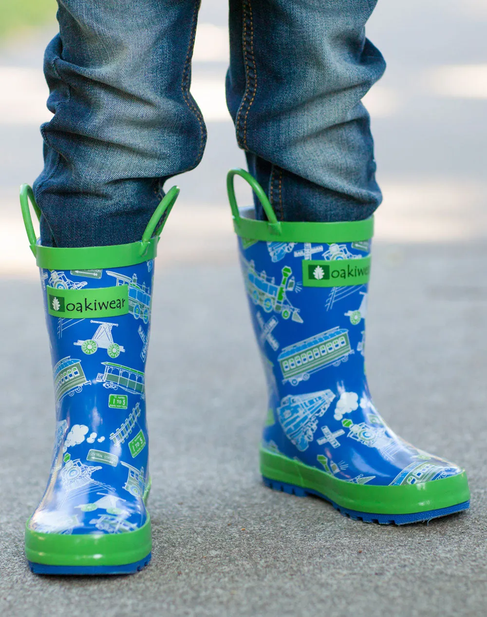 CHILDREN’S RUBBER RAIN BOOTS BLUE & GREEN TRAINS