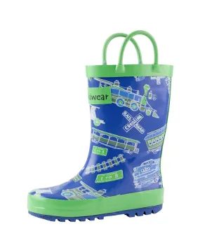 CHILDREN’S RUBBER RAIN BOOTS BLUE & GREEN TRAINS