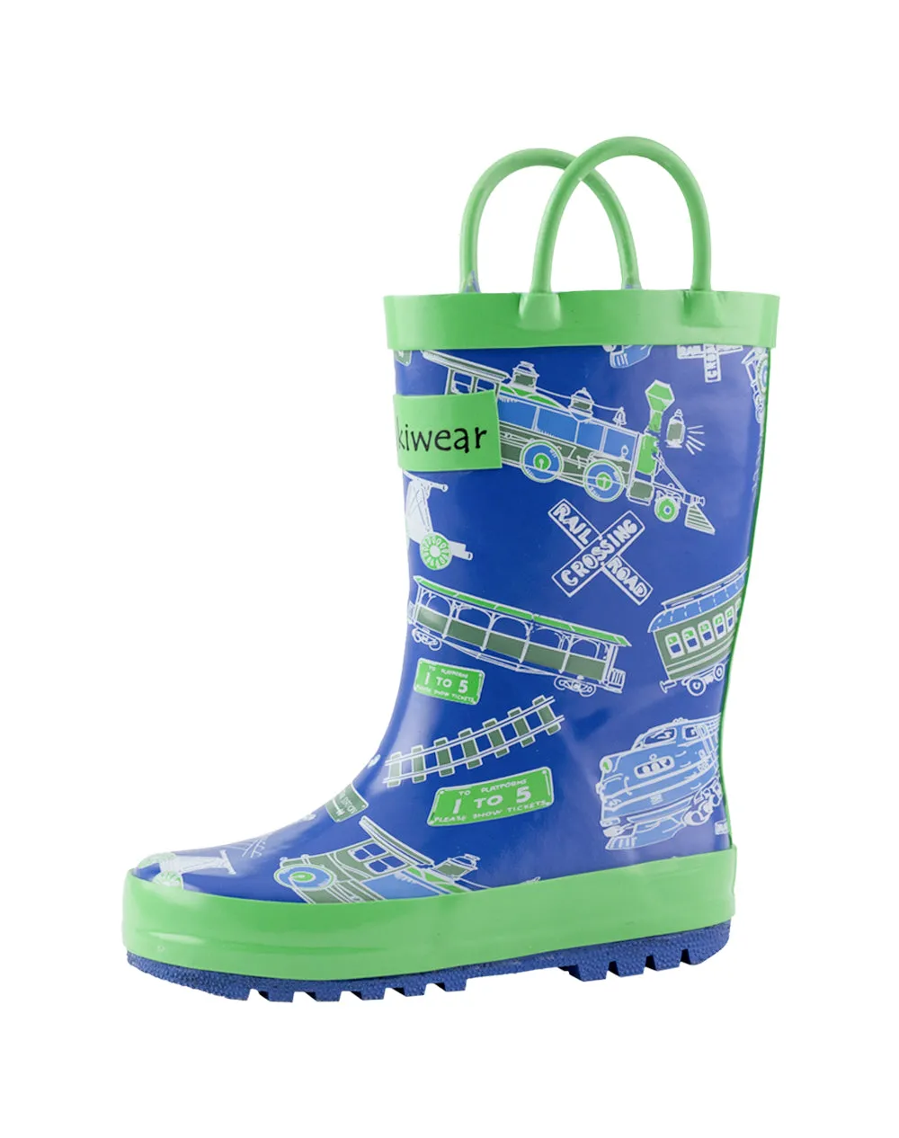 CHILDREN’S RUBBER RAIN BOOTS BLUE & GREEN TRAINS