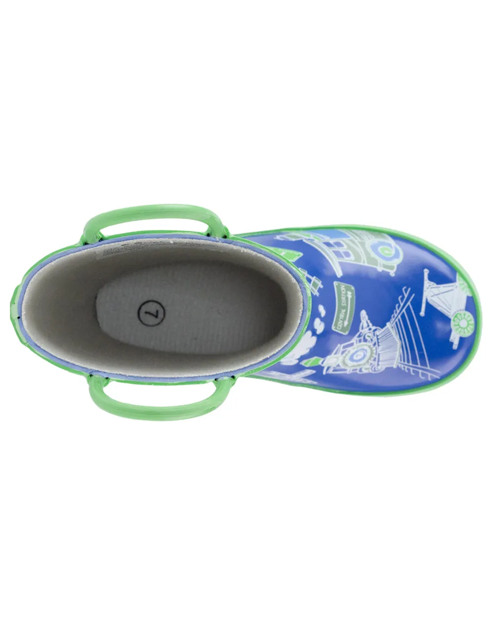 CHILDREN’S RUBBER RAIN BOOTS BLUE & GREEN TRAINS