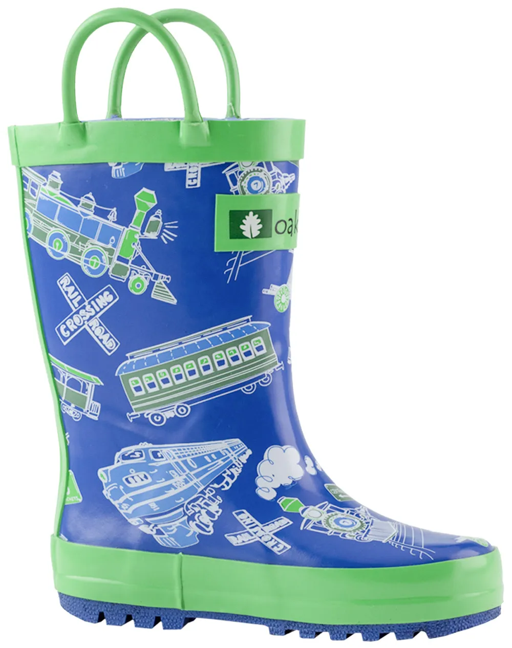 CHILDREN’S RUBBER RAIN BOOTS BLUE & GREEN TRAINS