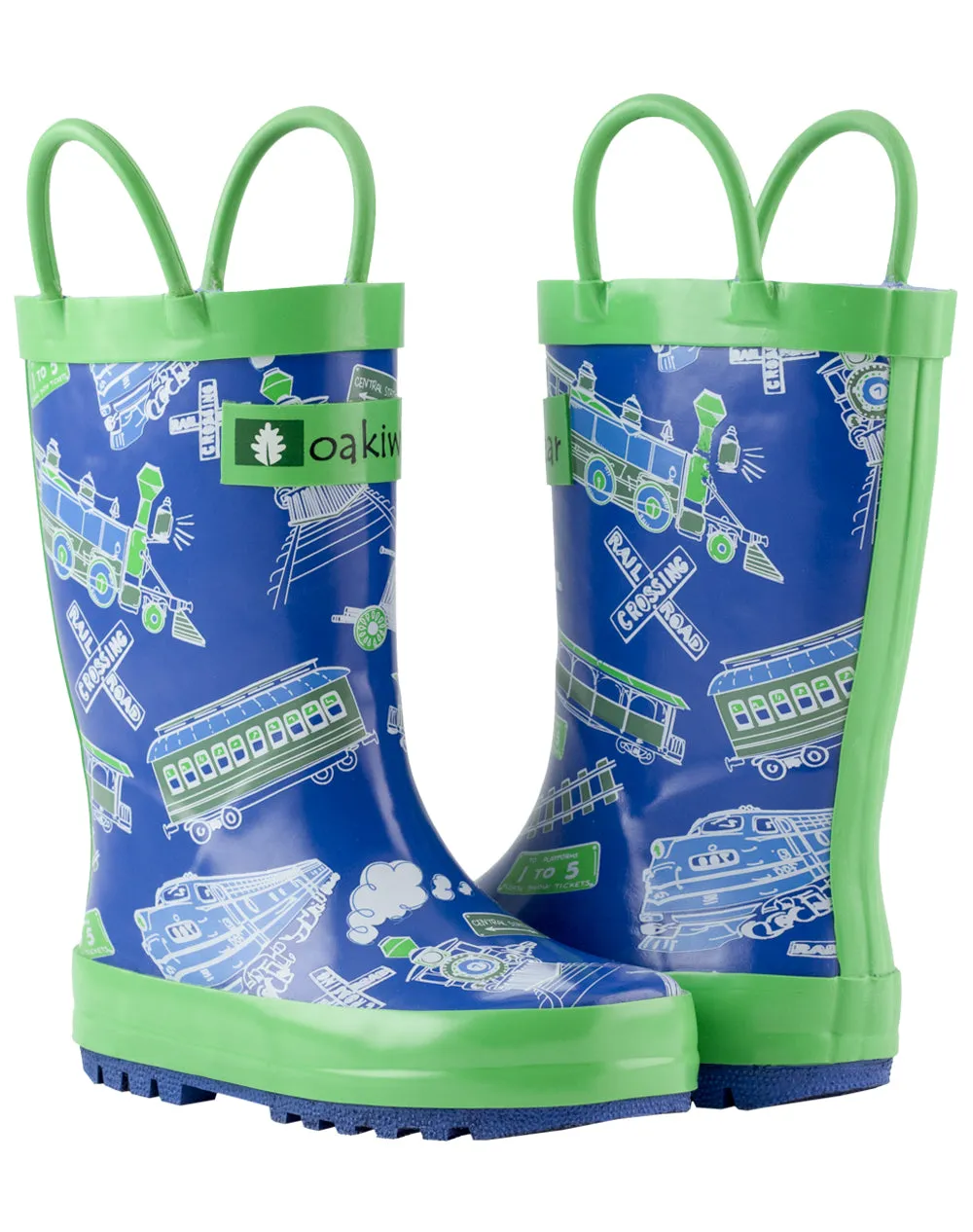 CHILDREN’S RUBBER RAIN BOOTS BLUE & GREEN TRAINS