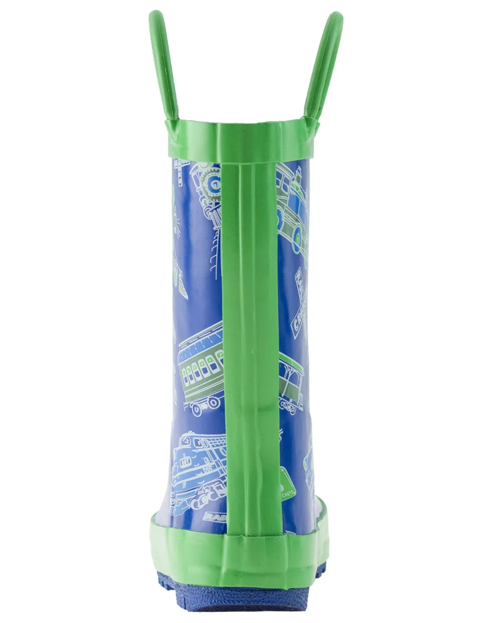 CHILDREN’S RUBBER RAIN BOOTS BLUE & GREEN TRAINS