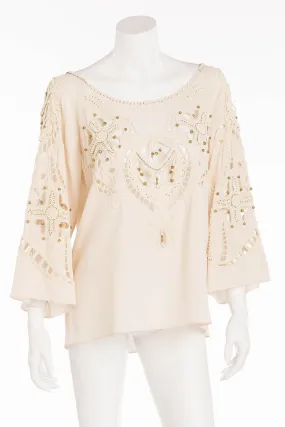 Chloe - Off White Beaded 3/4 Sleeve Top - FR 38