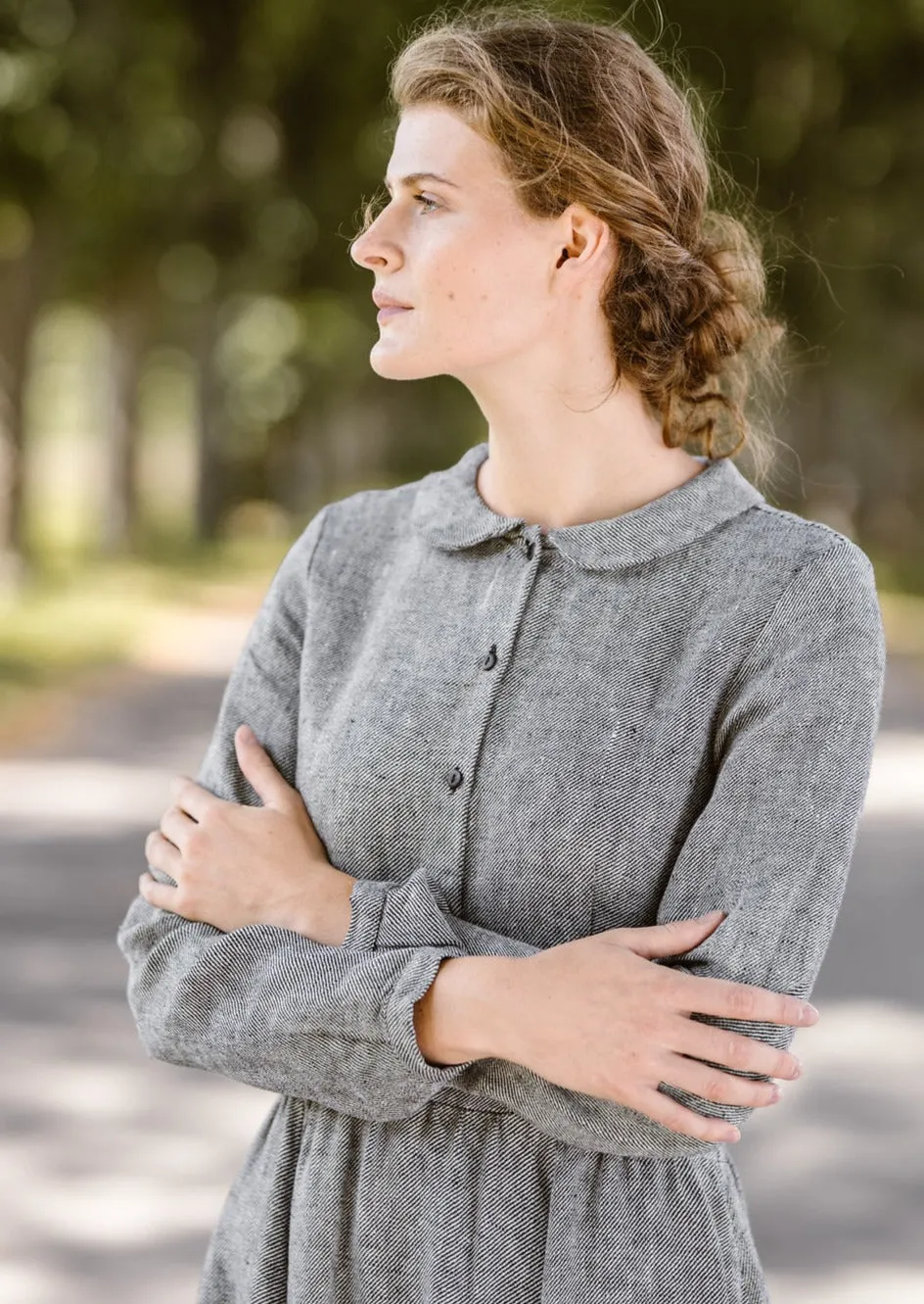 Classic Dress, Long Sleeve, Twill Linen, Grey Moon