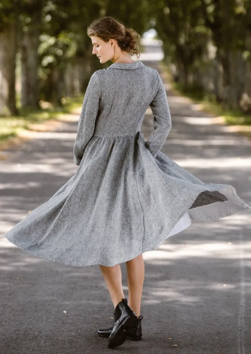 Classic Dress, Long Sleeve, Twill Linen, Grey Moon