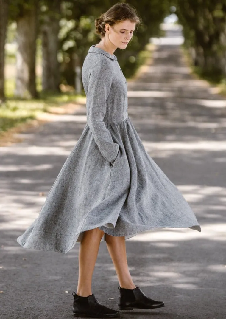 Classic Dress, Long Sleeve, Twill Linen, Grey Moon