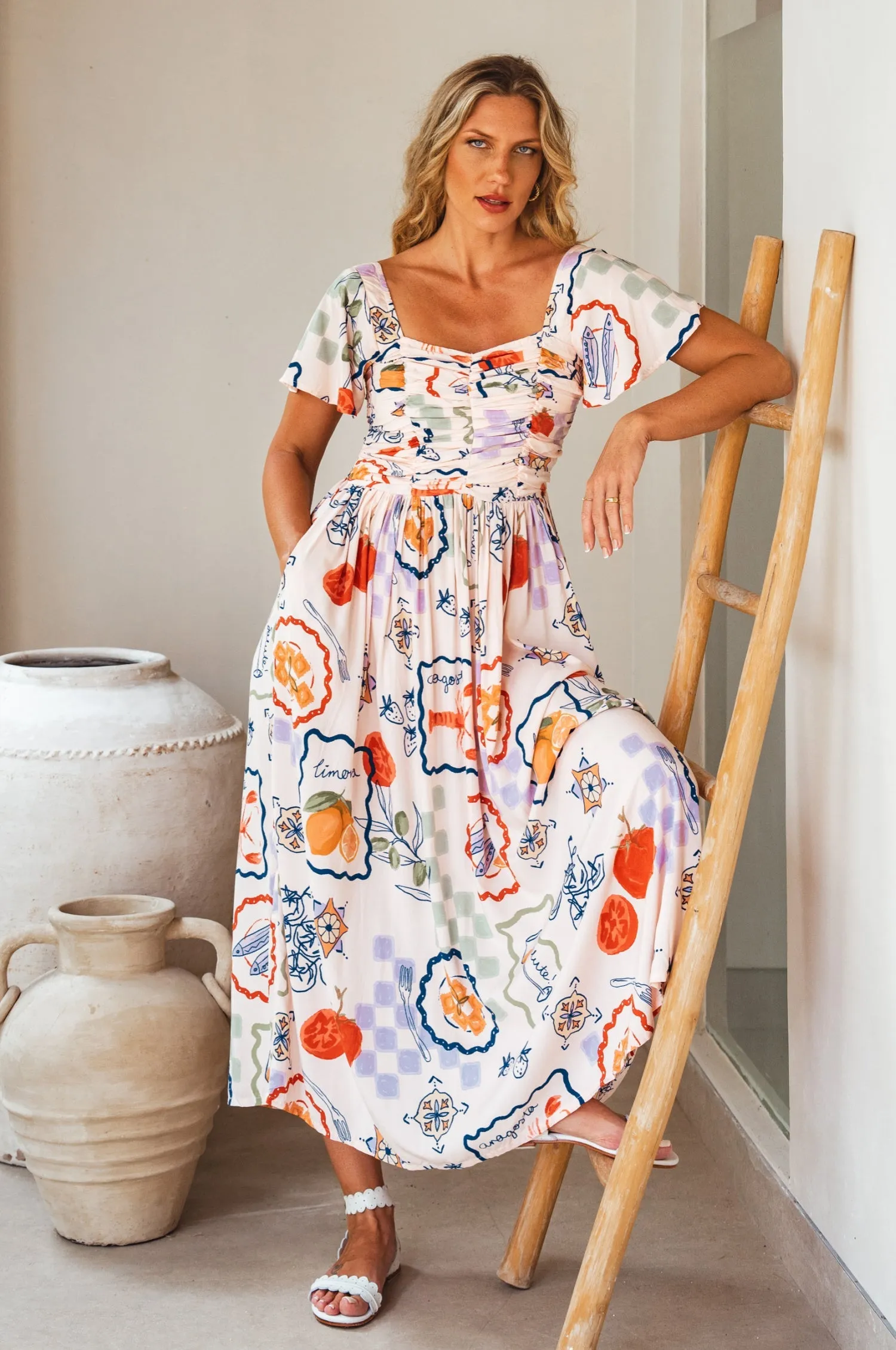 Clemente Gathered Midi Dress