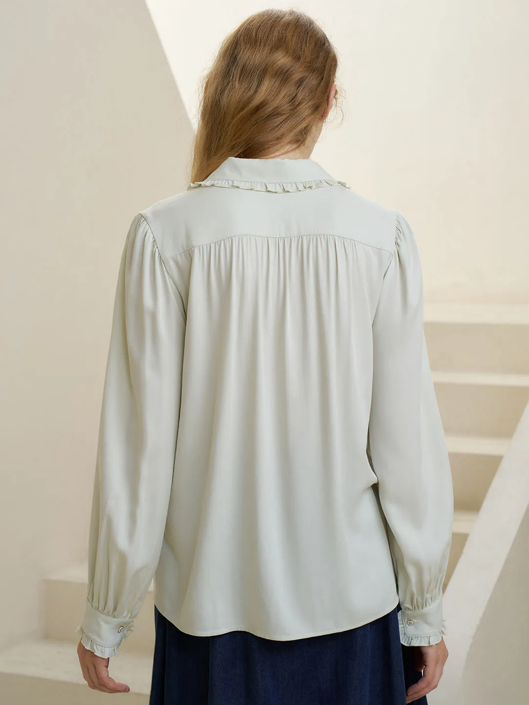 Convallaria Floral Embroidered Light Green Puff Top