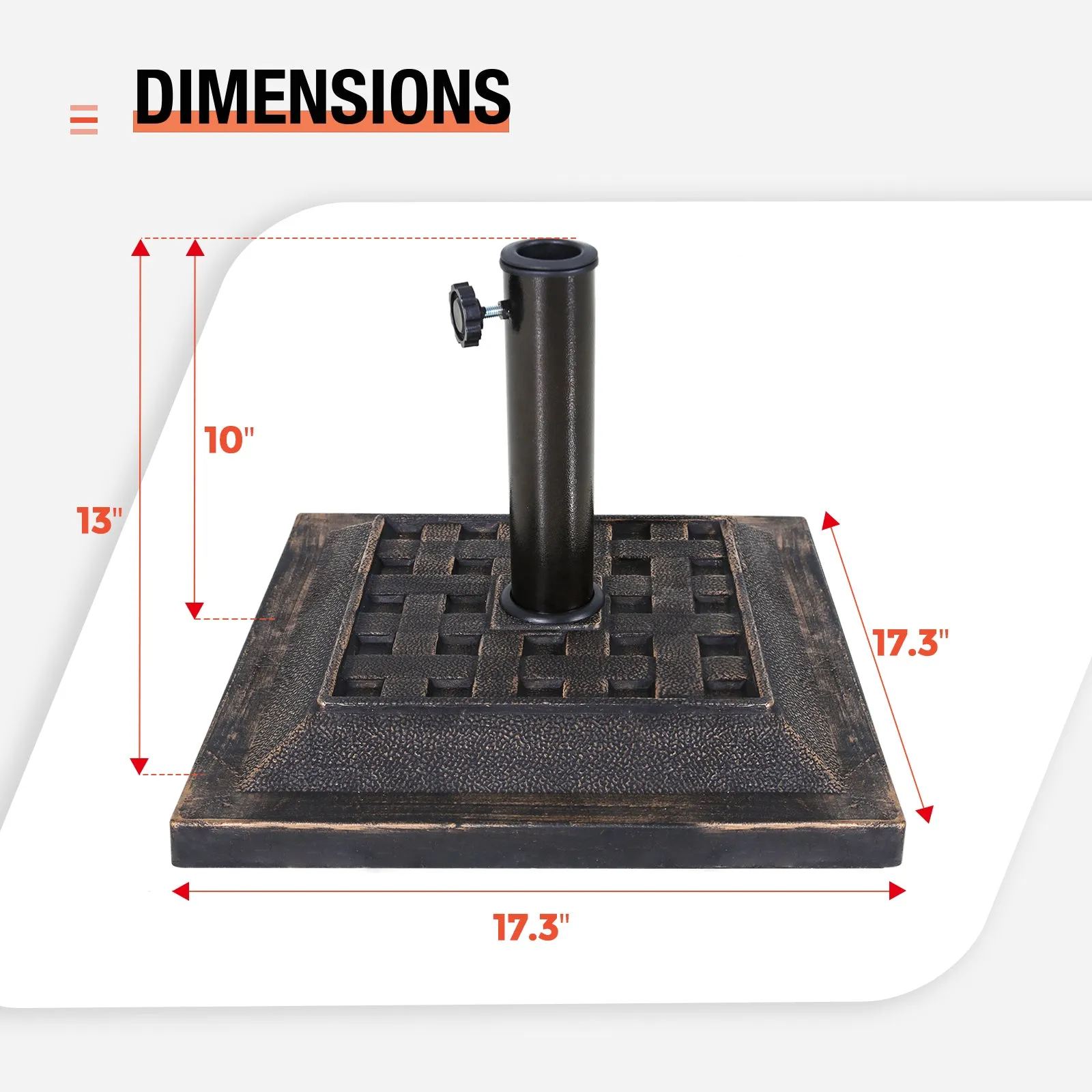 COOS BAY 26.5 lbs 17.3 inch Outdoor Heavy Duty Square Antiqued Resin Umbrella Base Stand for Patio, Garden, Lawn, Bronze Powder Coated Finish