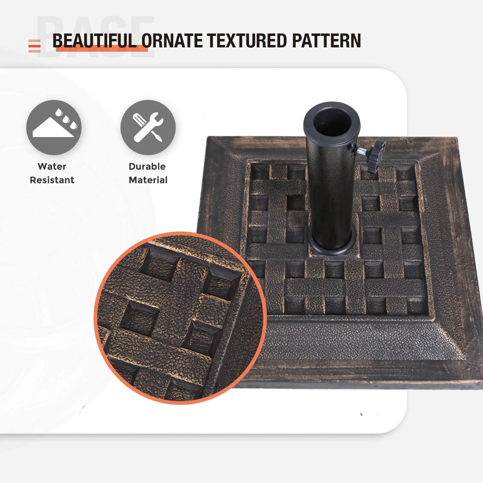 COOS BAY 26.5 lbs 17.3 inch Outdoor Heavy Duty Square Antiqued Resin Umbrella Base Stand for Patio, Garden, Lawn, Bronze Powder Coated Finish