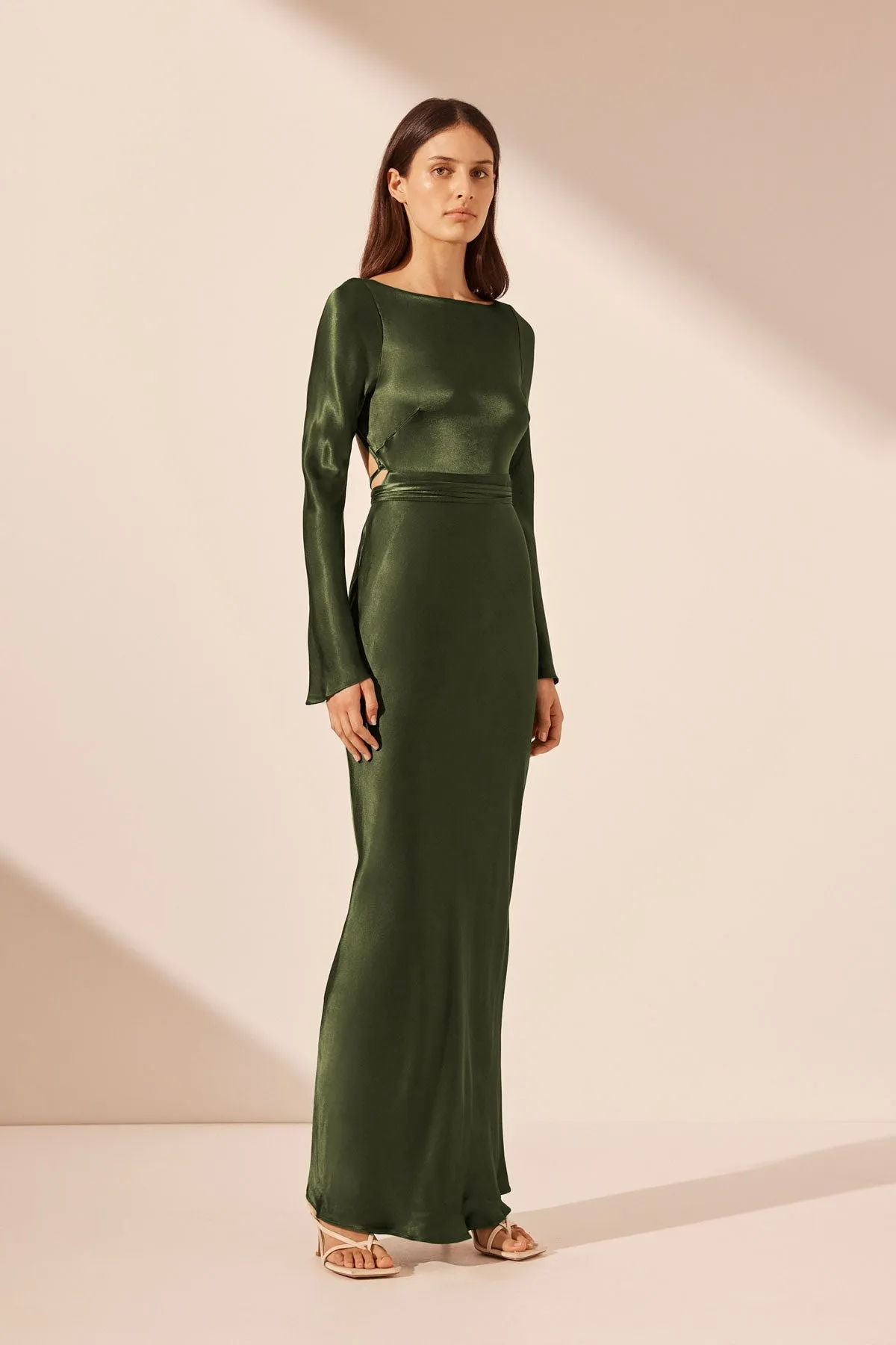 ELIA LONG SLEEVE OPEN BACK TIE MAXI DRESS - FERN