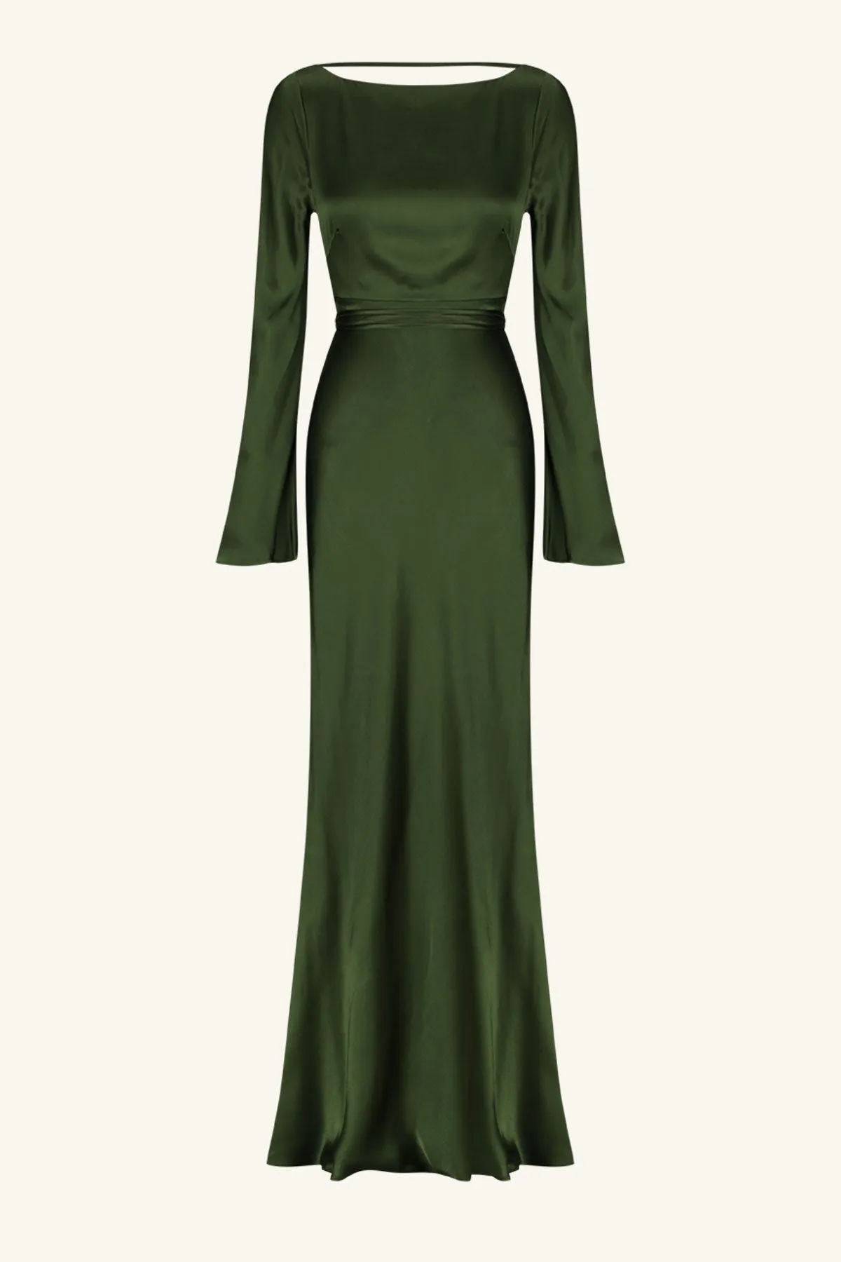 ELIA LONG SLEEVE OPEN BACK TIE MAXI DRESS - FERN