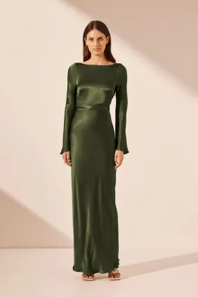 ELIA LONG SLEEVE OPEN BACK TIE MAXI DRESS - FERN