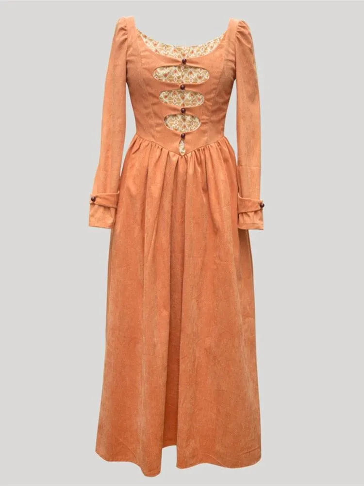 Elise Vintage Elegant Slim Princess Dress European Pastoral Long Sleeve High Waist Orange Suede Dress