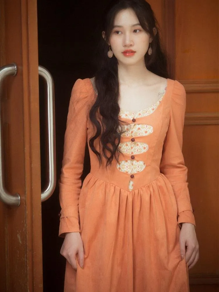 Elise Vintage Elegant Slim Princess Dress European Pastoral Long Sleeve High Waist Orange Suede Dress