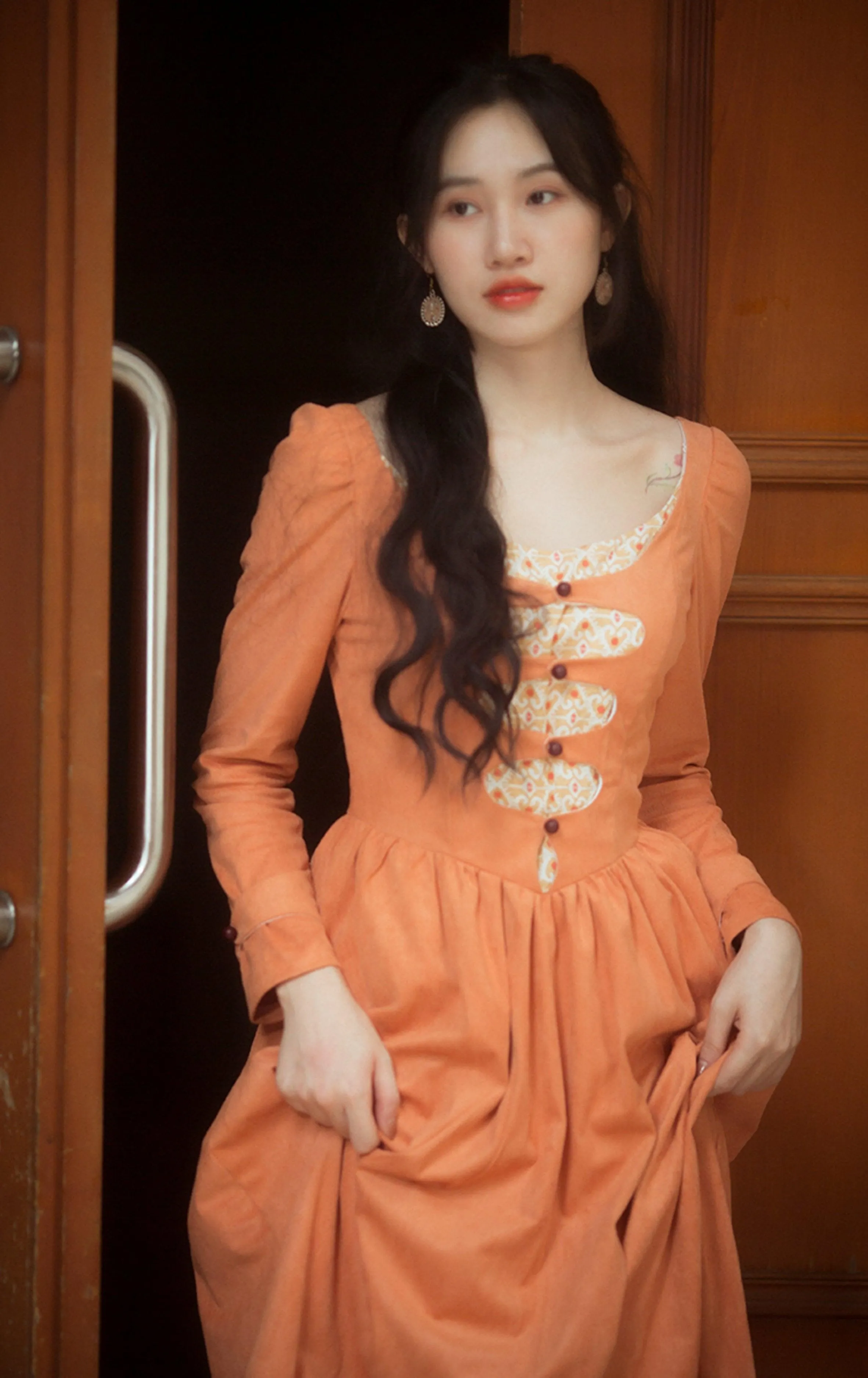 Elise Vintage Elegant Slim Princess Dress European Pastoral Long Sleeve High Waist Orange Suede Dress