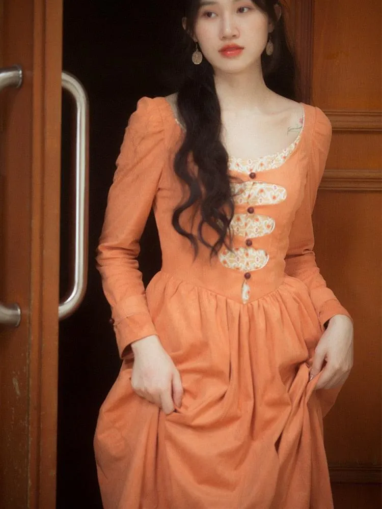 Elise Vintage Elegant Slim Princess Dress European Pastoral Long Sleeve High Waist Orange Suede Dress