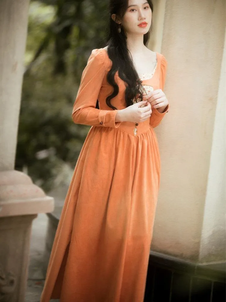 Elise Vintage Elegant Slim Princess Dress European Pastoral Long Sleeve High Waist Orange Suede Dress