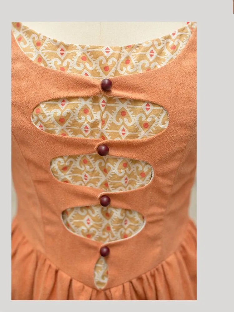 Elise Vintage Elegant Slim Princess Dress European Pastoral Long Sleeve High Waist Orange Suede Dress