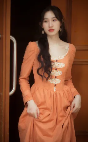 Elise Vintage Elegant Slim Princess Dress European Pastoral Long Sleeve High Waist Orange Suede Dress