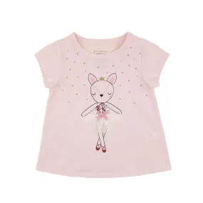First Impression Cotton Graphic Print T-Shirt With Applique Detail - Ballerina
