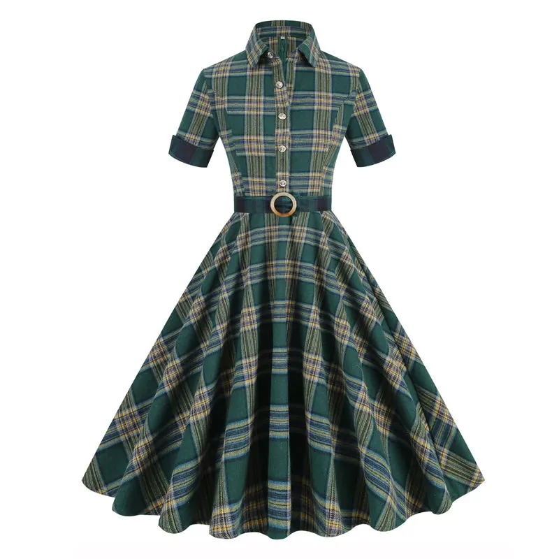 Green Plaid Autumn Winter Retro Midi Dress, Turn-Down Collar Button Up Rockabilly 50s Swing Dress