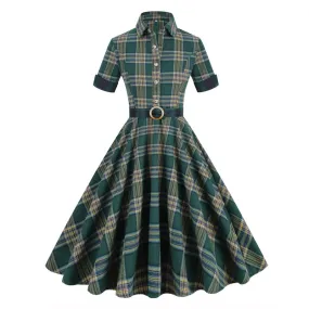 Green Plaid Autumn Winter Retro Midi Dress, Turn-Down Collar Button Up Rockabilly 50s Swing Dress