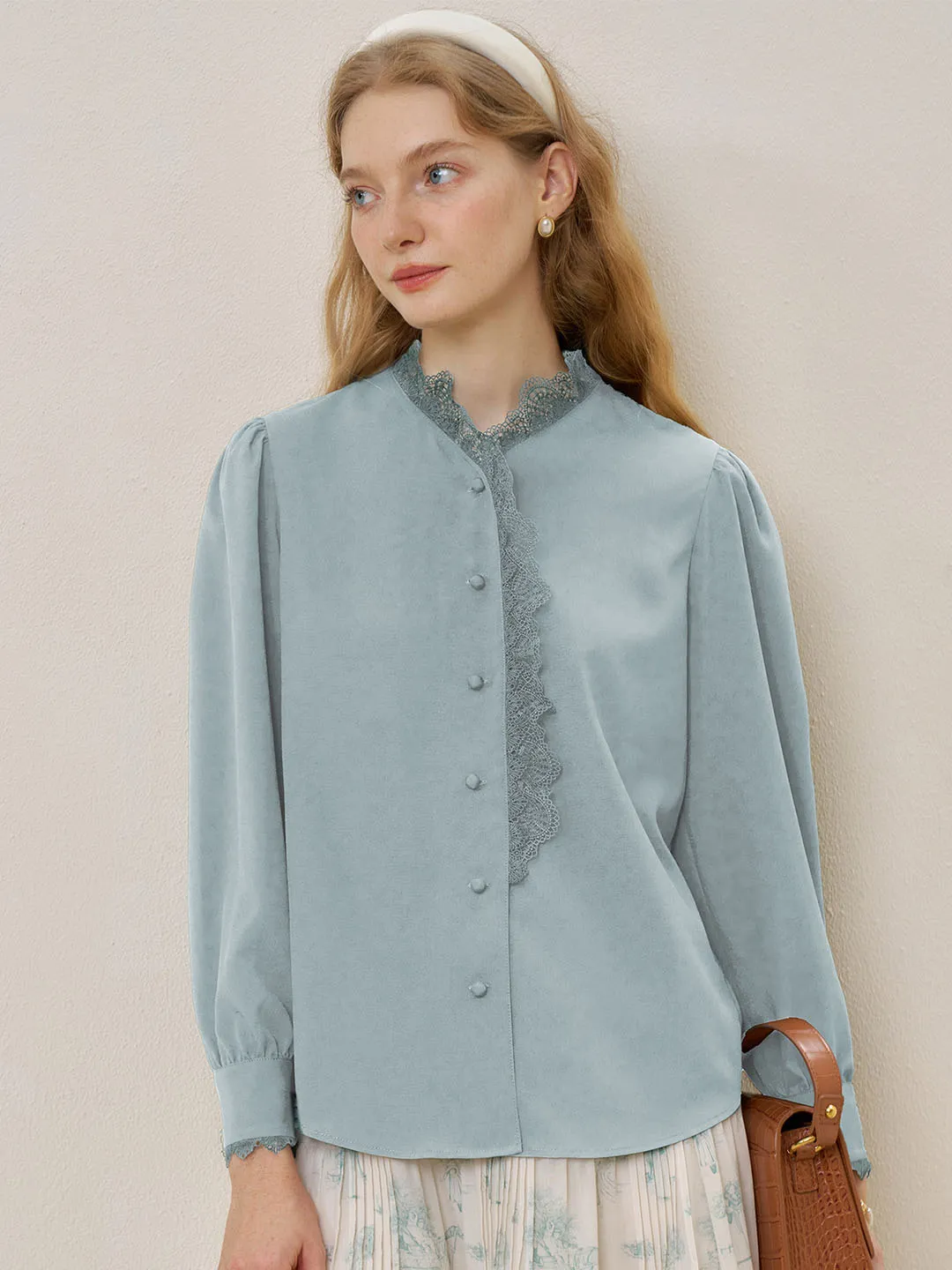 Hanna Puff Sleeve Light Blue Lace Blouse