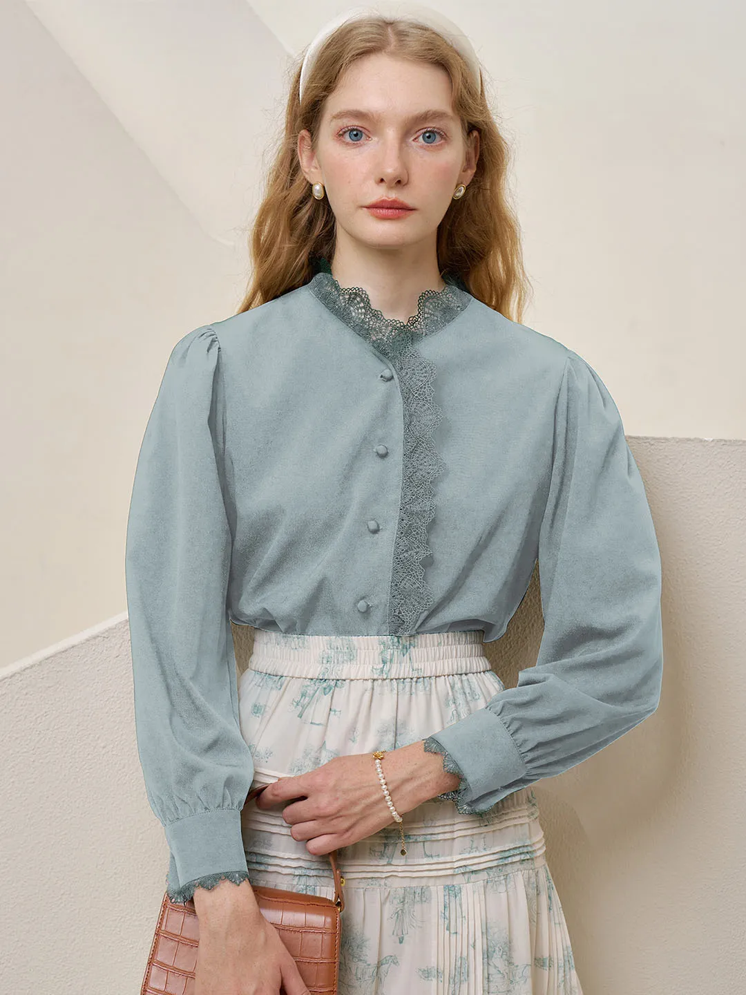 Hanna Puff Sleeve Light Blue Lace Blouse