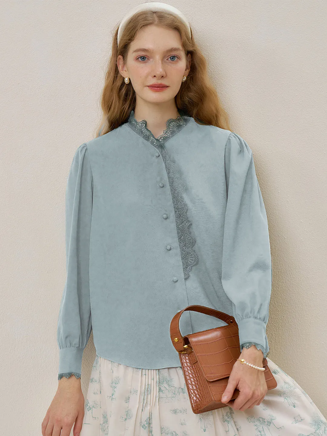 Hanna Puff Sleeve Light Blue Lace Blouse