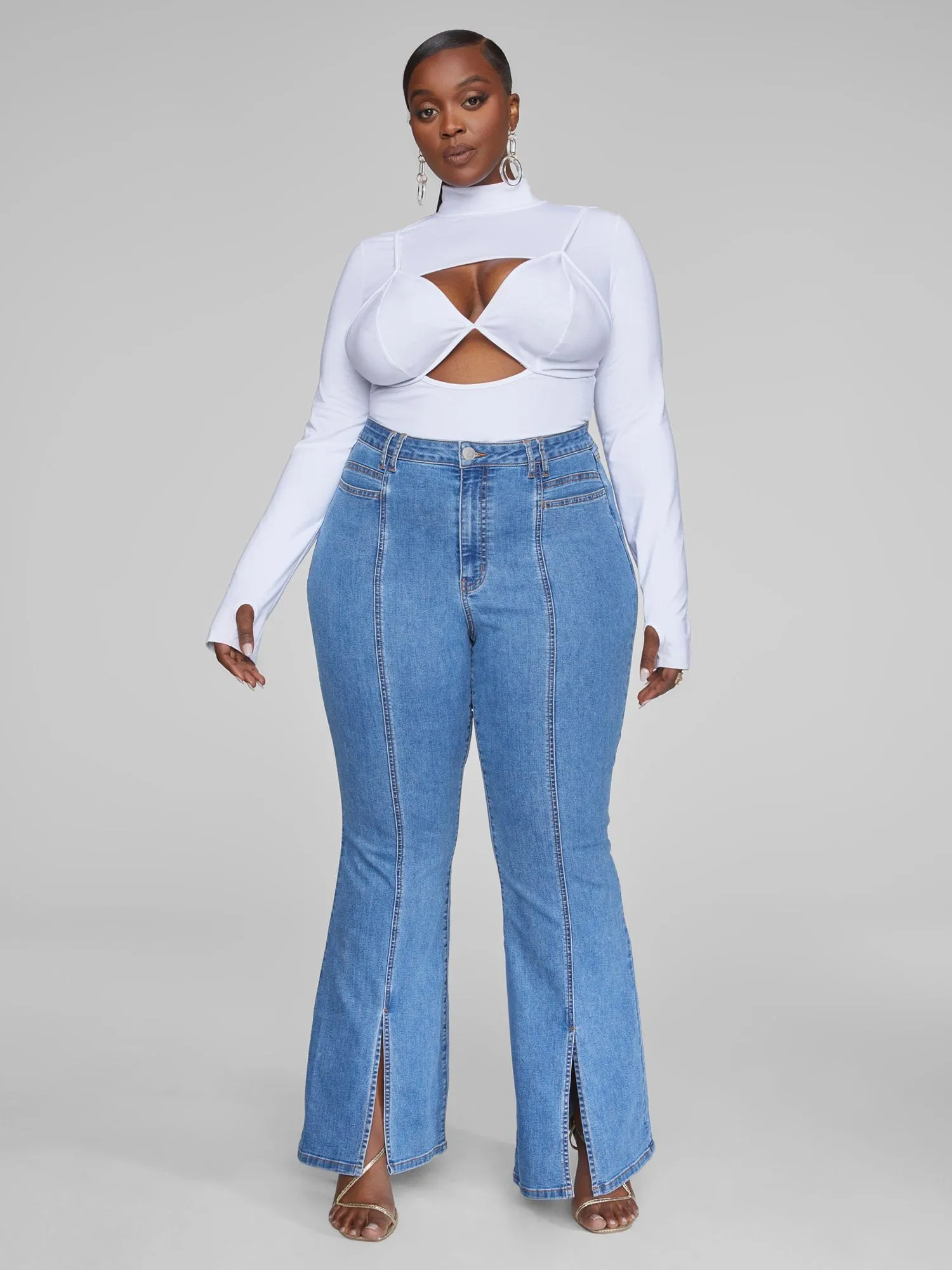 High Rise Flare Jeans with Front Slit