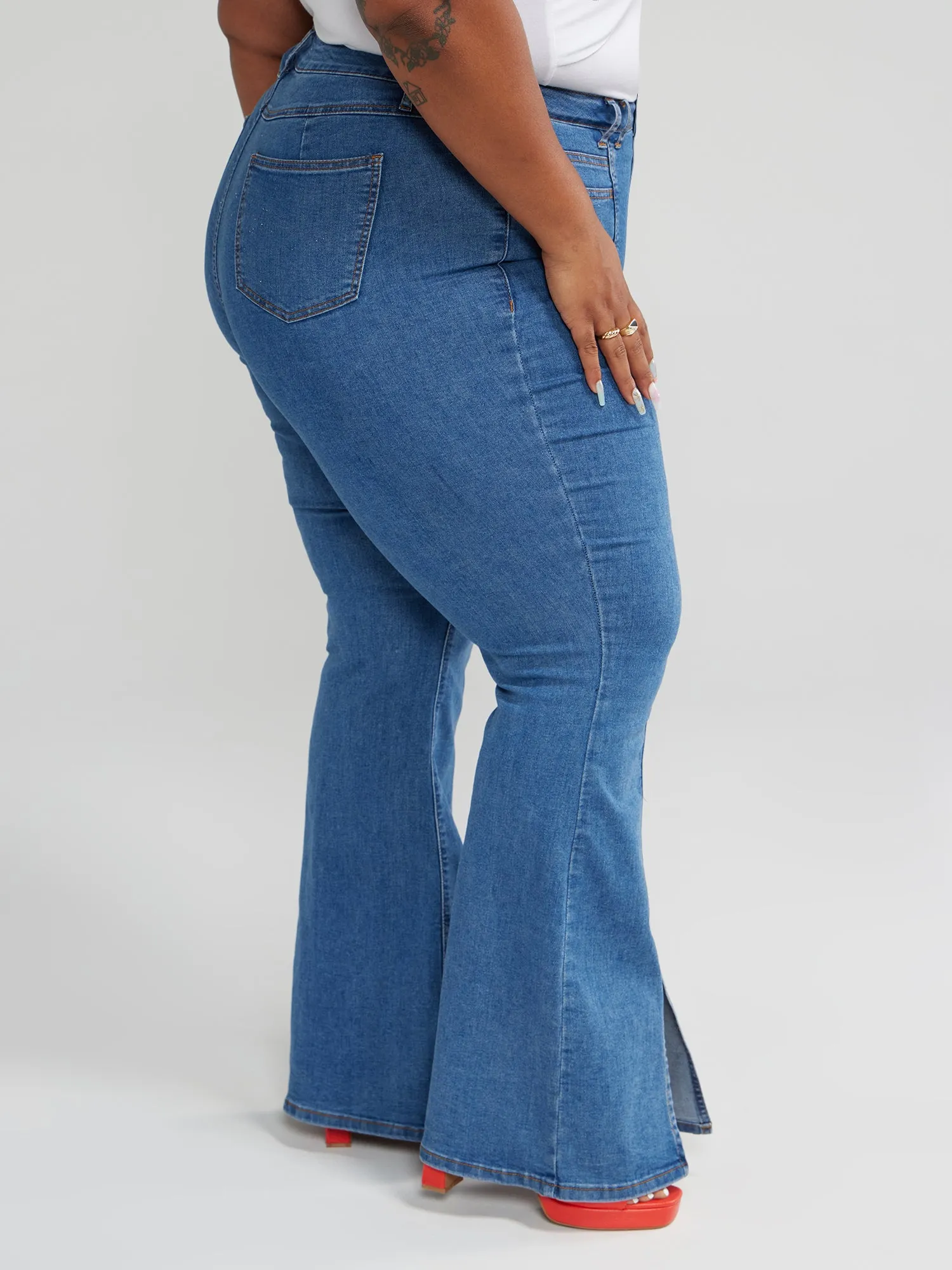 High Rise Flare Jeans with Front Slit