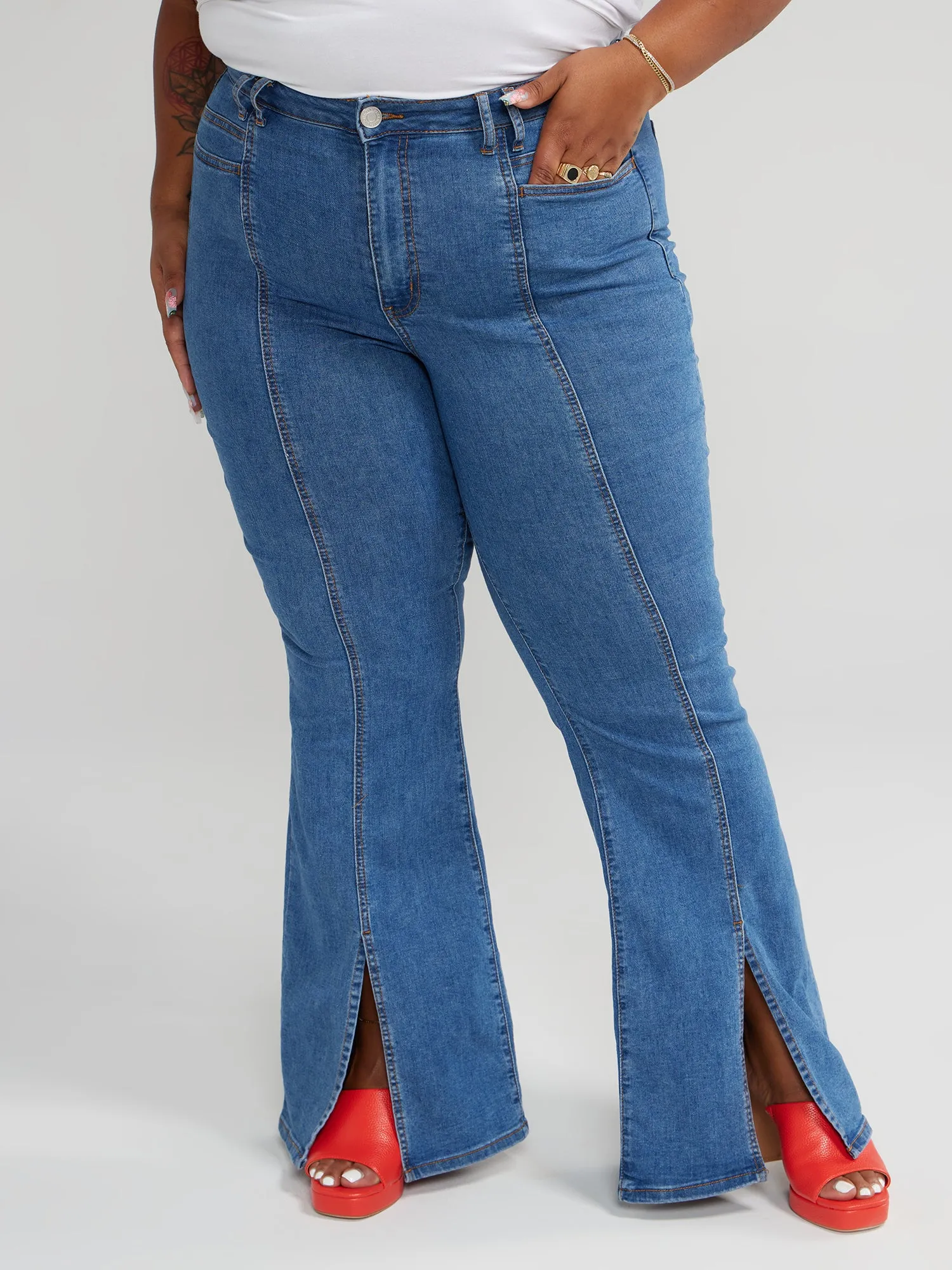 High Rise Flare Jeans with Front Slit