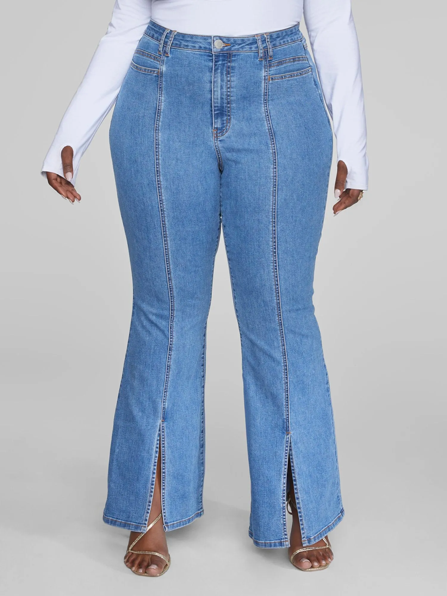 High Rise Flare Jeans with Front Slit